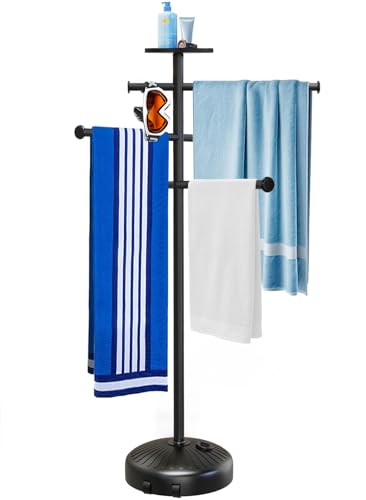 Small Pool Towel Rack with Wheels & Storage Tray - Adjustable Indoor/Outdoor