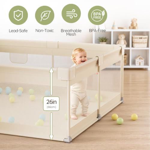 Baby Playpen 47x47 Inch with Mesh Sides, Safety Guard & Storage Pockets - Beige