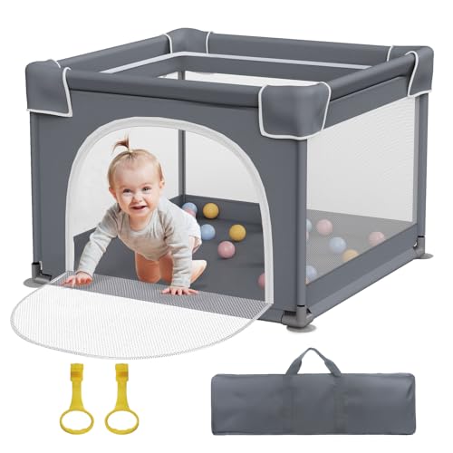 Jixrolyn 36x36 Inch Baby Playpen Dark Grey, Breathable Mesh Toddler Play Yard with Anti-Slip Base