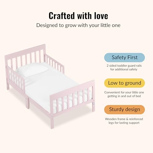 Pink Toddler Bed with Safety Rails - Low Floor, GREENGUARD Gold, Pinewood