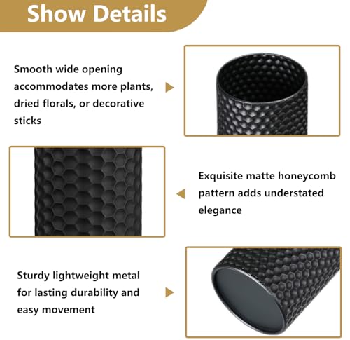 Set of 3 Black Tall Metal Floor Vases with Honeycomb Texture - Modern Decor