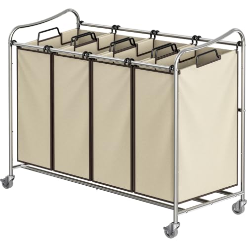 Heavy Duty Rolling Laundry Cart with 4 Bags - Chrome Finish, Durable Steel Frame