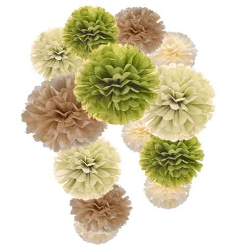 Sage Green Olive Ivory and Champagne Tan Tissue Paper Pom Poms Flower for Baby Shower Spring Summer Jungle Birthday Wedding Graduation Party Decoration, 12pc