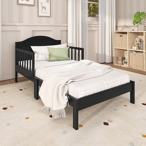 Toddler Bed with Safety Rails - Black, GREENGUARD Gold Certified, Pinewood
