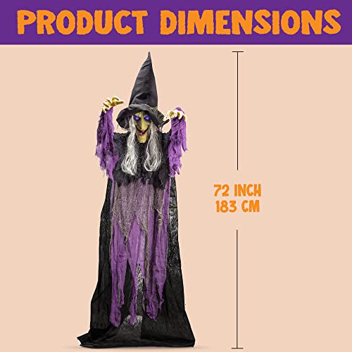 Wicked Halloween Hanging Witch Decoration - Light-Up Talking Ghost with Sound Activation, 72 Inches Purple Outdoor & Indoor Haunted House Prop