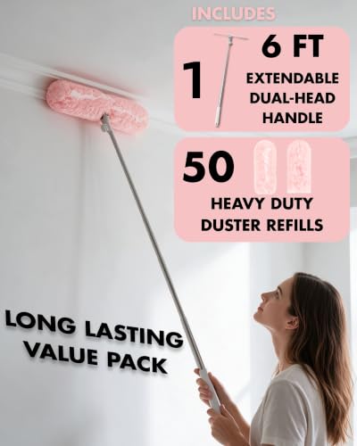 Nicemiya Extendable Duster Kit with 50 Pink Refills & 6ft Handle – Rotatable & Versatile Cleaning Tool