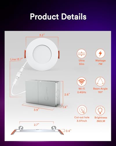3-Inch Smart Recessed LED Ceiling Light 4-Pack RGBW Wi-Fi Compatible