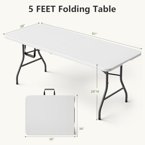 White 5 FT Foldable Plastic Utility Table with Carrying Handle - Heavy Duty Indoor & Outdoor Folding Table