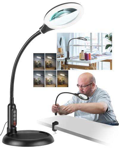 Black 12X Magnifying Glass with Light & Stand - LED 5 Color Modes, Stepless Dimming, Hands-Free Desk Clamp Lamp for Crafts & Close Work