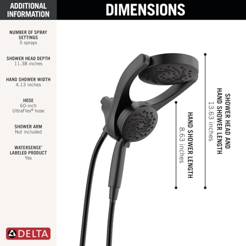 Delta HydroRain 2-in-1 Dual Shower Head Matte Black - High Pressure, Handheld & Fixed Spray