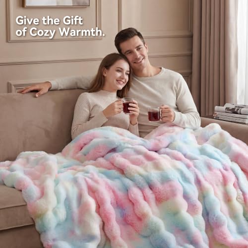 Smoofy Rainbow Faux Rabbit Fur Throw Blanket 50x60 in Bubble Texture for Couch
