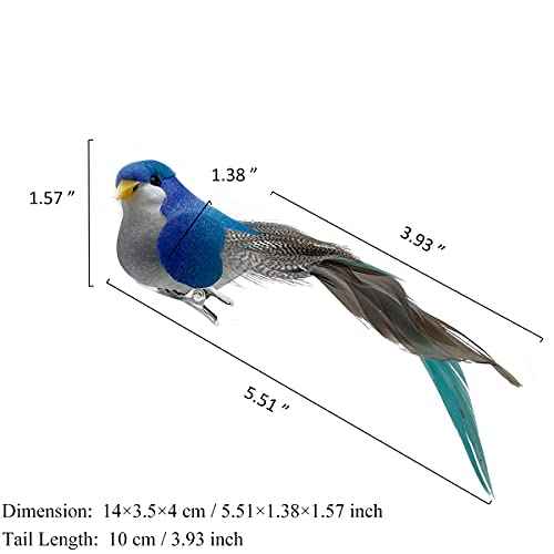 LWINGFLYER 6pcs Clip on Artificial Simulation Foam Birds Feather Long Tail Feather Fake Birds for Craft Home Ornaments Garden Wedding Decoration Embellishing 12cm/4.7inch