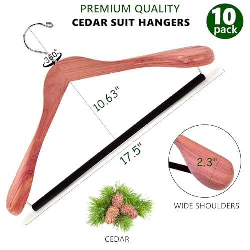 10 Pack Cedar Wood Suit Coat Hangers - Extra Wide Shoulder & Non Slip Velvet Bar