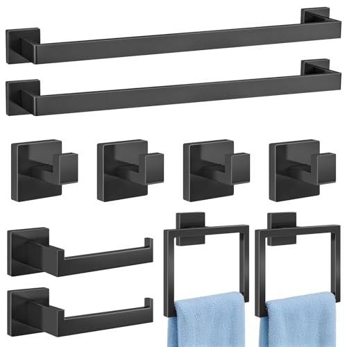 Gypie Wall-Mounted Bathroom Accessories Set - 10 Pieces, Matte Black, 24 Inch Towel Bars