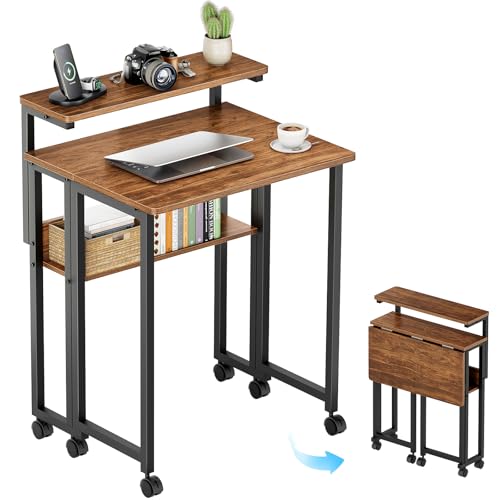 GreenForest Folding Desk with Adjustable Monitor Stand - Walnut, 24.8 Inch