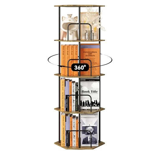 SUNMORY Brown 4-Tier Rotating Hexagonal Corner Bookcase, Spinning Tower Shelf