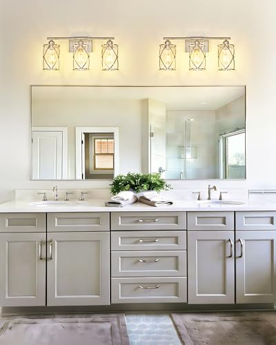 Osimir 3-Light Brushed Nickel Bathroom Vanity Light with Clear Glass & Metal Cage, 21 Inch Over Mirror Wall Sconce, Dimmable, CH9176BN-3W
