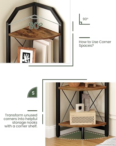 CHOEZON Rustic Brown & Black 5-Tier Corner Shelf - Industrial Corner Bookcase & Plant Stand