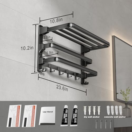 VOLDRA 24-Inch Matte Black Wall-Mounted Towel Rack with 2 Foldable Bars & Hooks