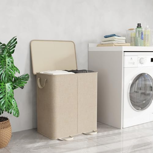 Lifewit Double Laundry Hamper with Lid and Removable Bags - Beige 155L