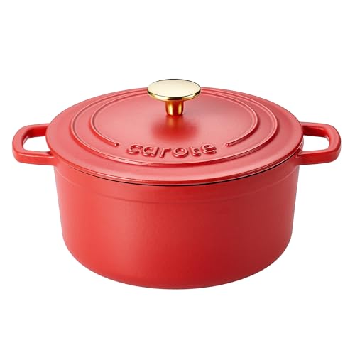 CAROTE 4QT Red Enameled Cast Iron Dutch Oven with Lid - Heavy Duty, Versatile Cooking Pot