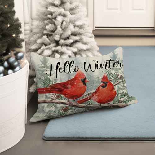 Hello Winter Cardinal Lumbar Decorative Throw Pillow Cover 12 x 20, Rectangular Red Birds Branch Outdoor Home Decor, Christmas Snowy Pine Tree Seasonal Sofa Couch Cushion Case