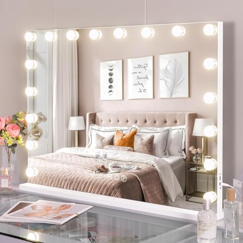 Hansong 32x23 Inch Hollywood Vanity Mirror with Lights, 18 Dimmable Bulbs, Touch Control, USB Charging, Wall Mount Option