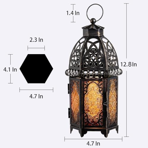 Set of 2 Amber Moroccan Lanterns 12.8'' Hanging & Tabletop Candle Holders, Vintage Copper Finish