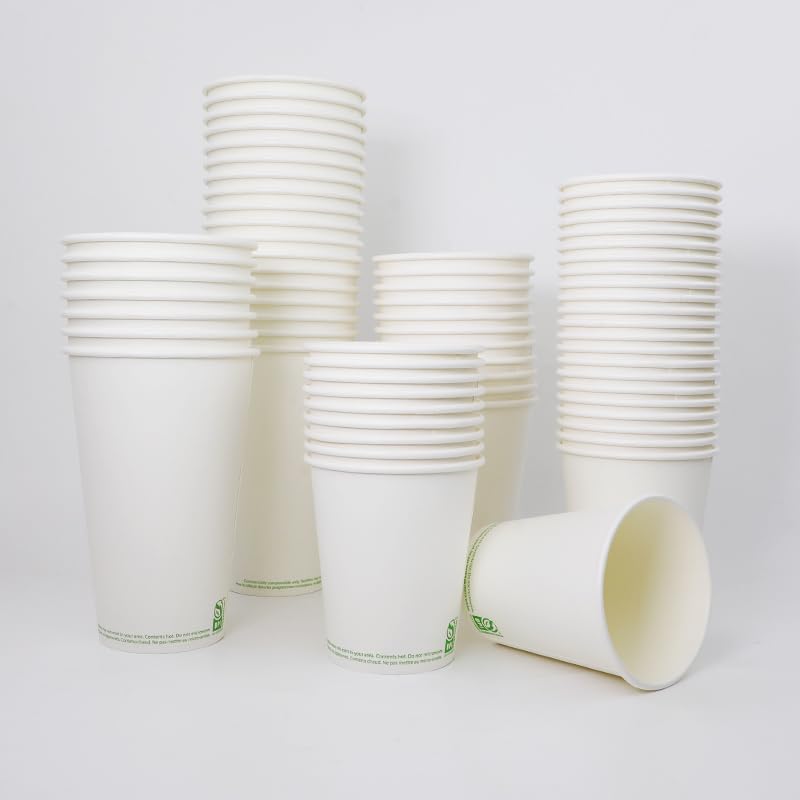 8 Oz Disposable Compostable Paper Coffee Cups - White, Leak-Proof, 1000 Pack