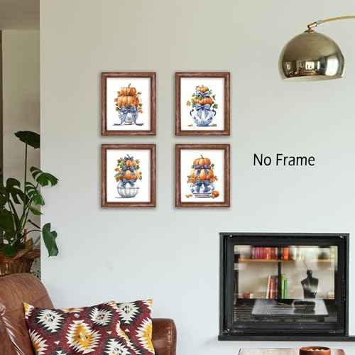 KSDUT Chinoiserie Pumpkin Wall Art Decor Set of 4 - Autumn Fall Coquette Artwork Poster Blue Flower Bows Wall Decor for Grandmillennial Home Bedroom Decorations - 8"x10" Unframed