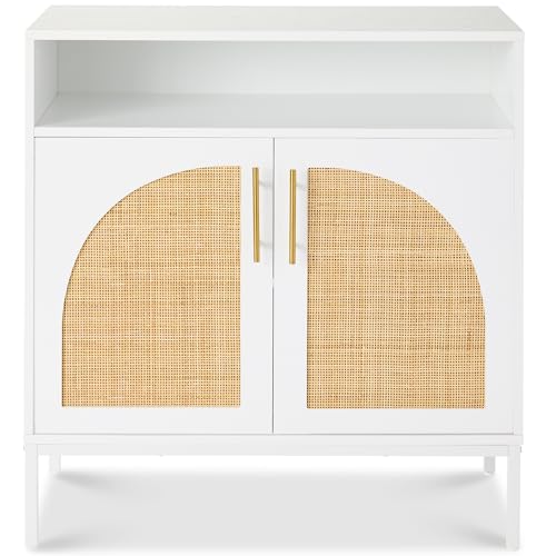 Arched Rattan Sideboard Buffet Cabinet - White, Entryway & Living Room Storage