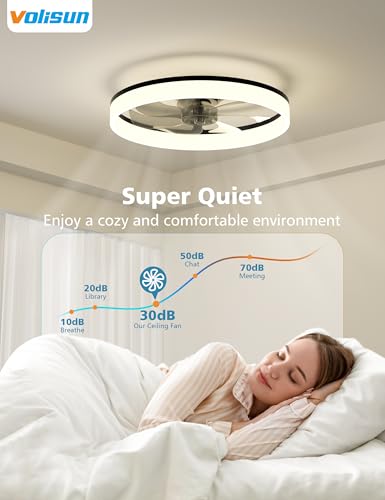 VOLISUN Black 20in LED Ceiling Fan with Lights, Dimmable Remote, Quiet Flush Mount