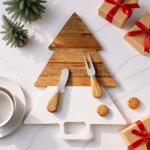 Acellegic Christmas Tree Marble & Acacia Cutting Board with Handles – Serving & Charcuterie Board (13.39 x 11.02 in)