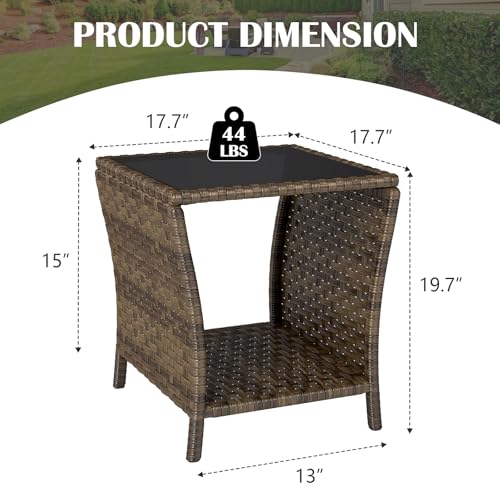 Outdoor Wicker Side Table, Rattan End Glass Top,Patio Garden