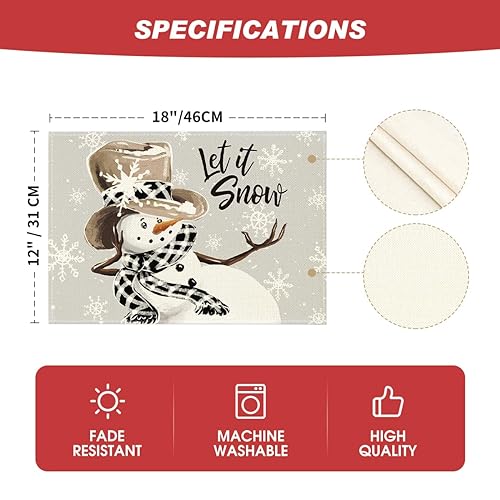 Artoid Mode Winter Snowman & Snowflake Placemats Set of 8, 12x18 Inch Christmas Table Decor