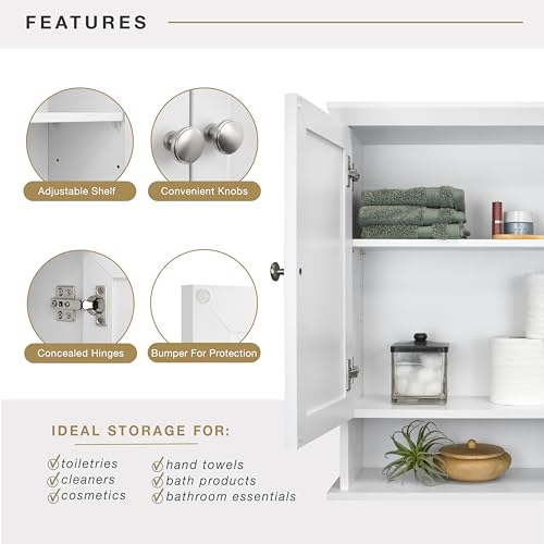 Wall Mounted Medicine Cabinet Organizer 23x26 Inches - White, 2-Door, Adjustable Shelf