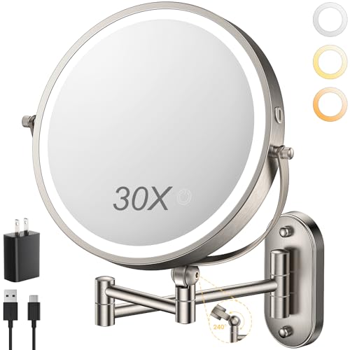 ZLOKLA 9-Inch Rechargeable Wall-Mounted Lighted Makeup Mirror 30X Magnification, Nickel Finish, 4000mAh Battery, Extendable Arm, Touch Dimmable Lights - Nickel