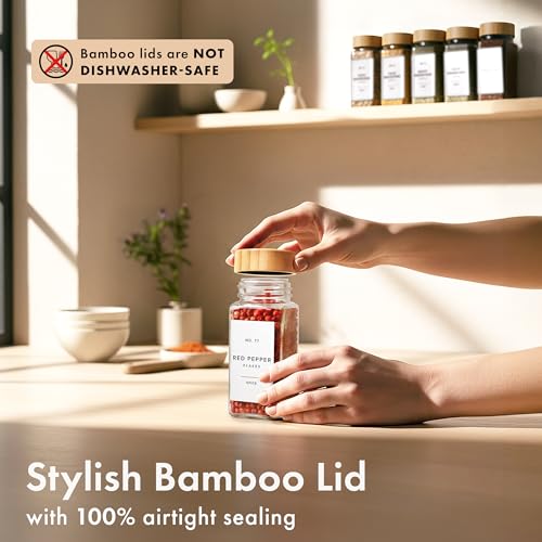 Glass Spice Jars with Bamboo Lids and White Labels - 24 Pack