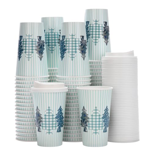 Tamone 100 Pack 16OZ Christmas Disposable Coffee Cups with Blue Tree Lids