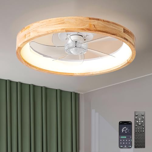 20-Inch Low Profile Wooden Ceiling Fan with Light - Natural Wood Finish