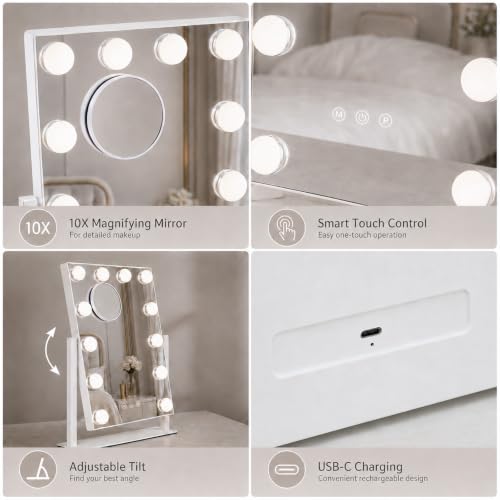 ZBOCAI Dimmable Vanity Mirror with Lights 12 Bulbs 16.4 x 13.1 inch - White Hollywood Makeup Mirror with Detachable 10X Magnifier