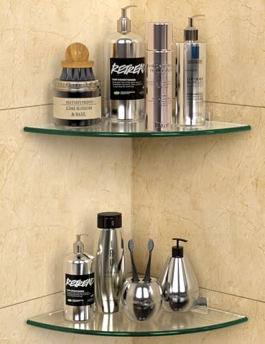 Clear Glass Corner Shower Shelf 2 Pack - No-Drill Mount, Heavy Duty Bathroom Organizer