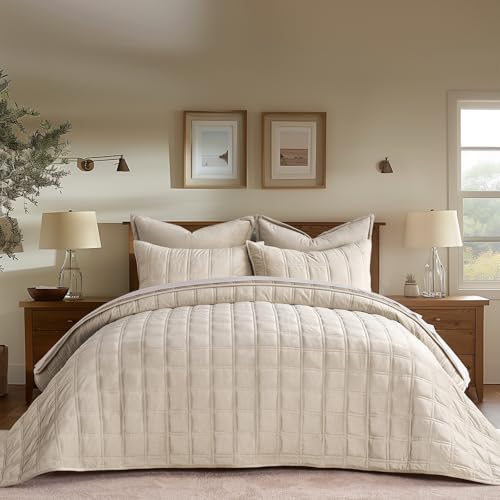 EverGrace Luxurious Velvet Quilt Set Queen Double Box Stitch Beige 3 Pieces