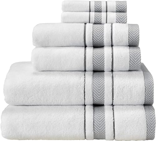 White/Grey Luxury 6-Piece Cotton Bath Towels Set - Soft Absorbent Quick Dry
