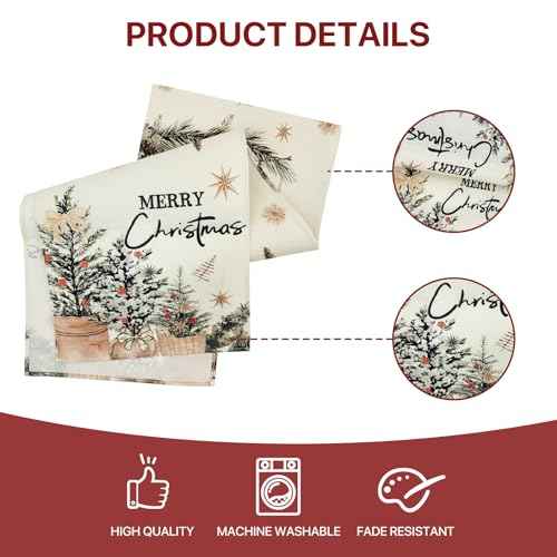 Xmas Trees Holly Pine Cone Merry Christmas Table Runner, Seasonal Winter Decoration for Home Kitchen Dining Holiday Decor 13x72 Inch