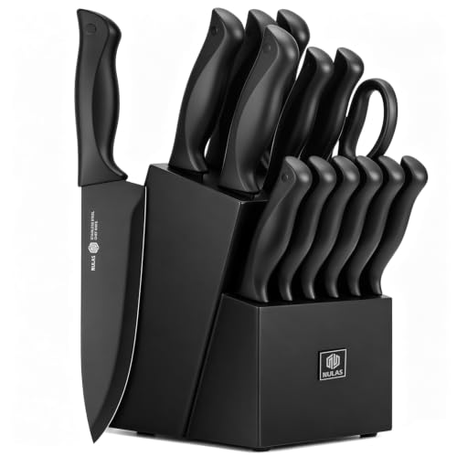 NULAS Black 15-Piece Kitchen Knife Set with Block & Built-In Sharpener