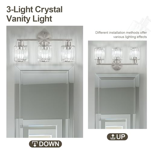 Kvhiiw Modern Brushed Nickel Crystal Bathroom Light Fixture - 3-Light, Up/Down Mounting