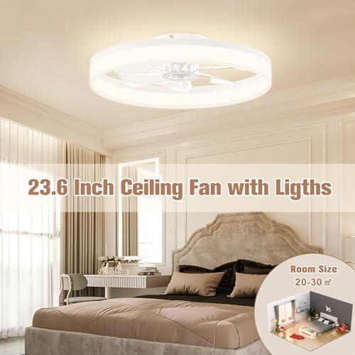 Low Profile Bladeless Ceiling Fan with Dimmable LED Light - 23.6in Flush Mount White
