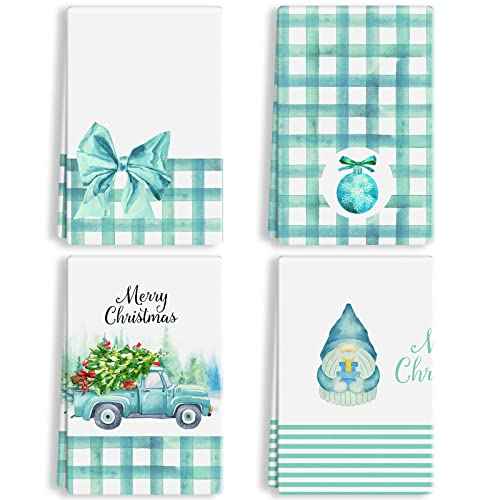Kajaia 4 Pieces Christmas Teal Kitchen Towels and Dishcloths Merry Christmas Truck Gnome Kitchen Towels Blue Buffalo Plaid Hand Towels Turquoise Blue Dish Towels Teal Christmas Kitchen Decor(Gnome)