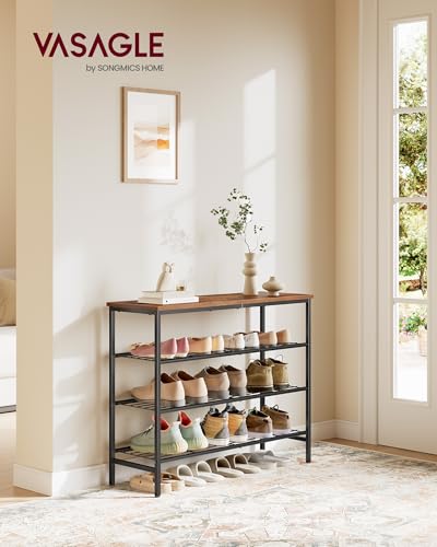 VASAGLE Rustic Brown & Ink Black 4-Tier Metal Shoe Rack - Holds 12-16 Pairs